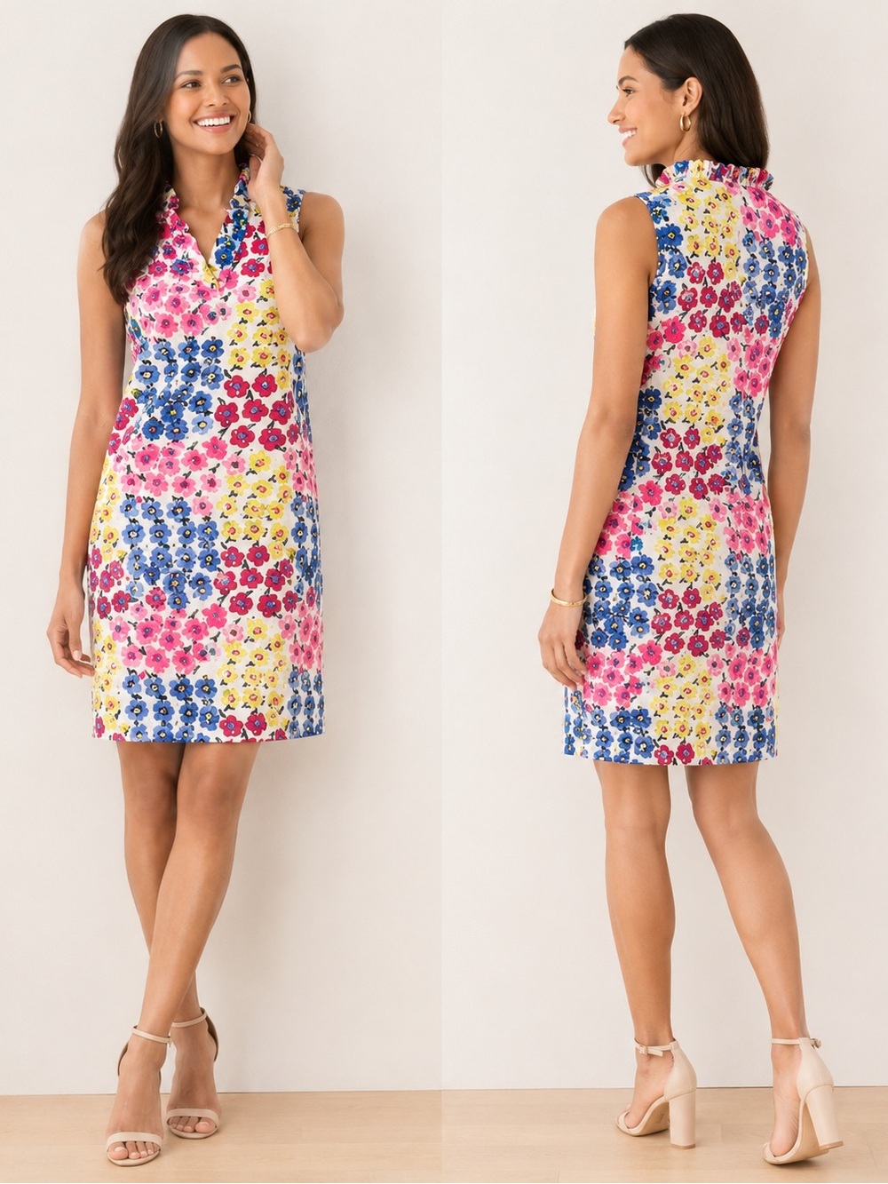 Talbots Size 12, Bright Floral Sleeveless Cotton Eyelet Shift Dress. Lined